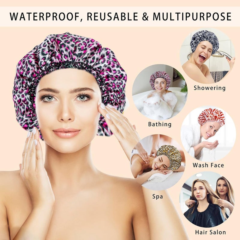 CHFONG 4 PCS Shower Caps for Women, Elastic and Reusable Bath Caps, Double Waterproof Layers Shower Cap, Bathing Shower Caps, Environmental Protection Hair Bath Hat - Printed Color - Image 2